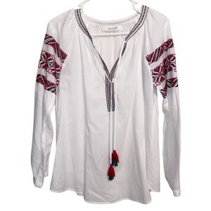 Promod Boutique Top Womens Medium Tunic Peasant Blouse Shirt Embroidered Boho
